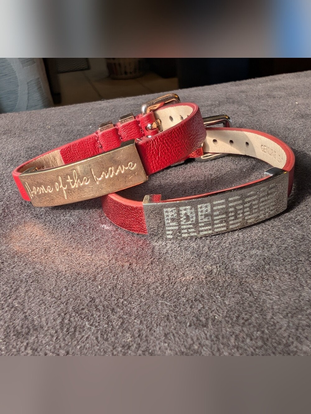 Rustic Cuff Patriotic Red Leather Bracelet Duo with Engraved Metal Plates